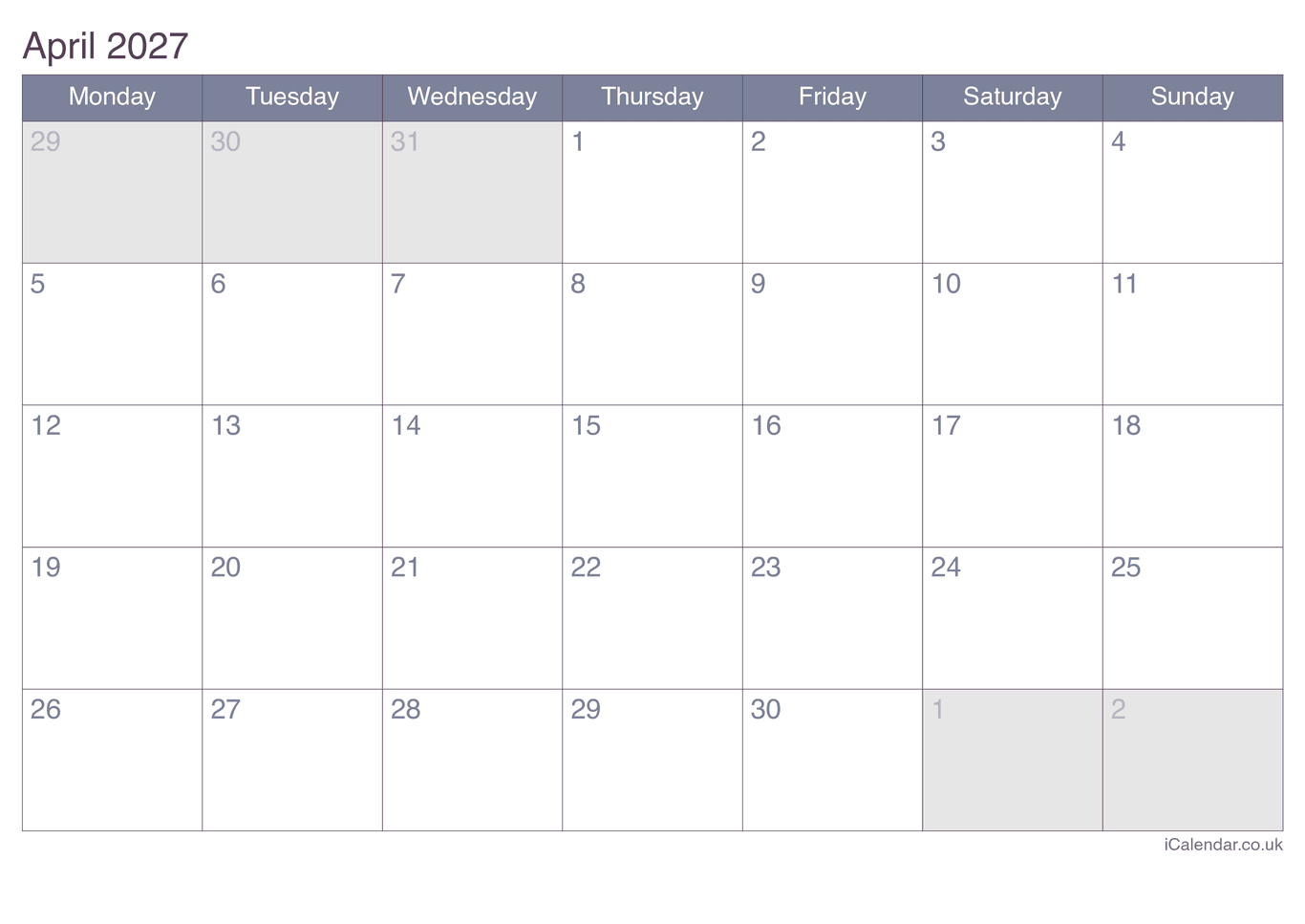 2027 April Calendar - Office