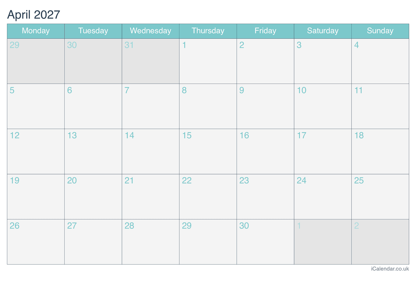 2027 April Calendar - Turquesa