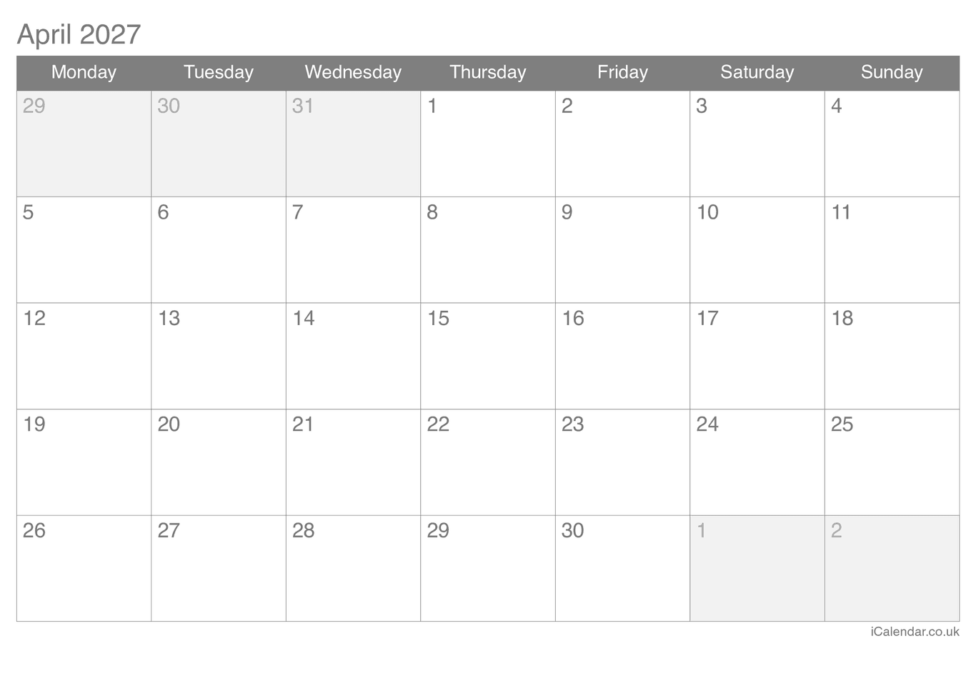 2027 April Calendar