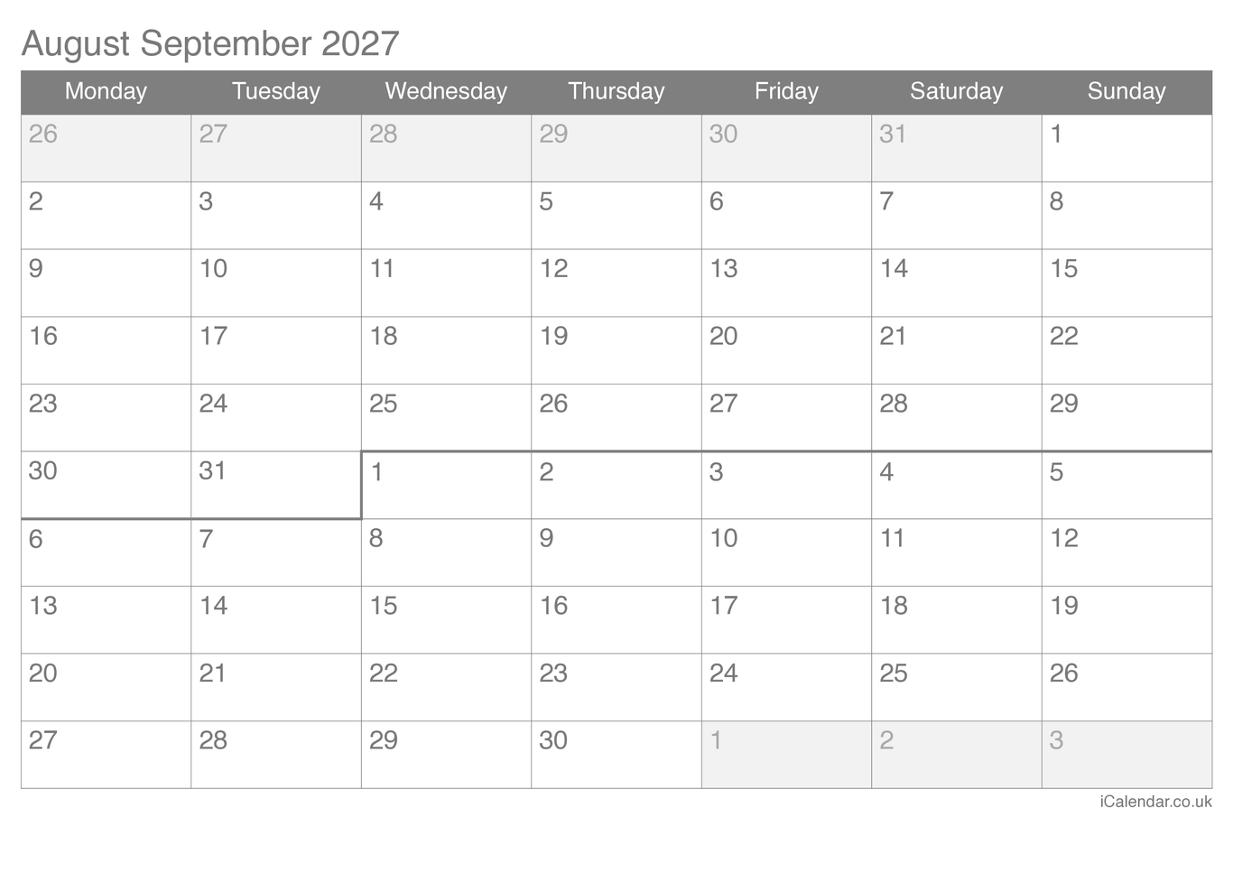 2027 August September Calendar