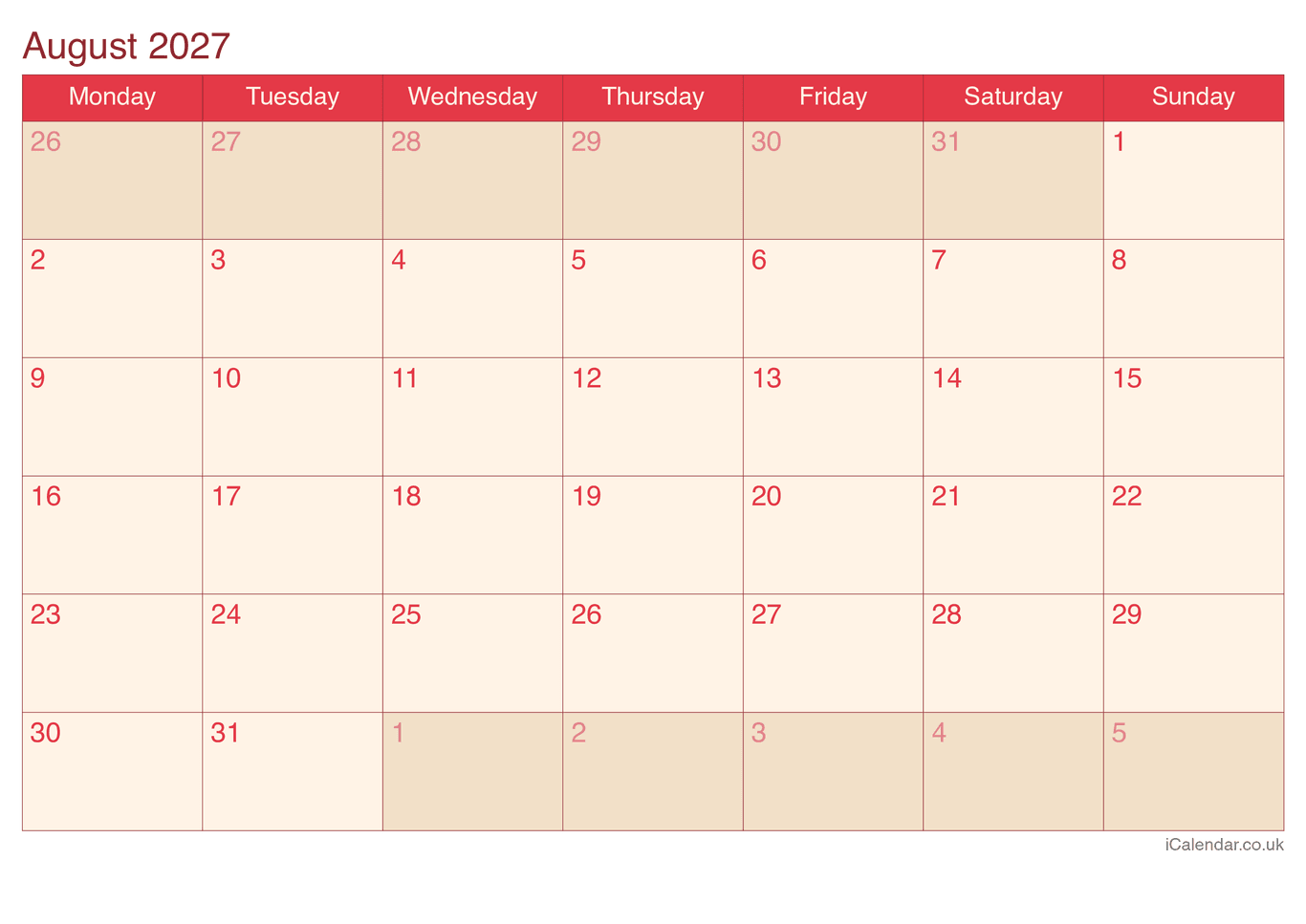 2027 August Calendar - Cherry