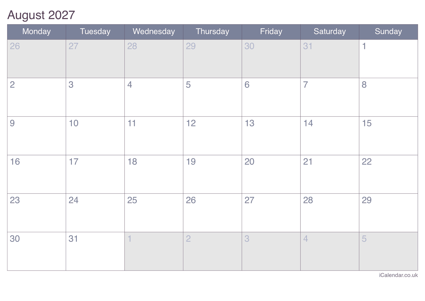 2027 August Calendar - Office