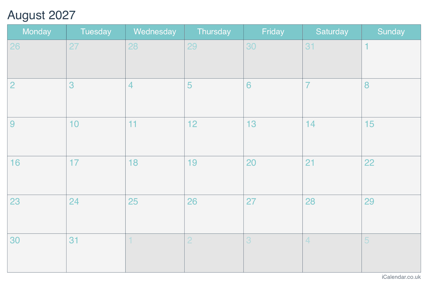 2027 August Calendar - Turquesa