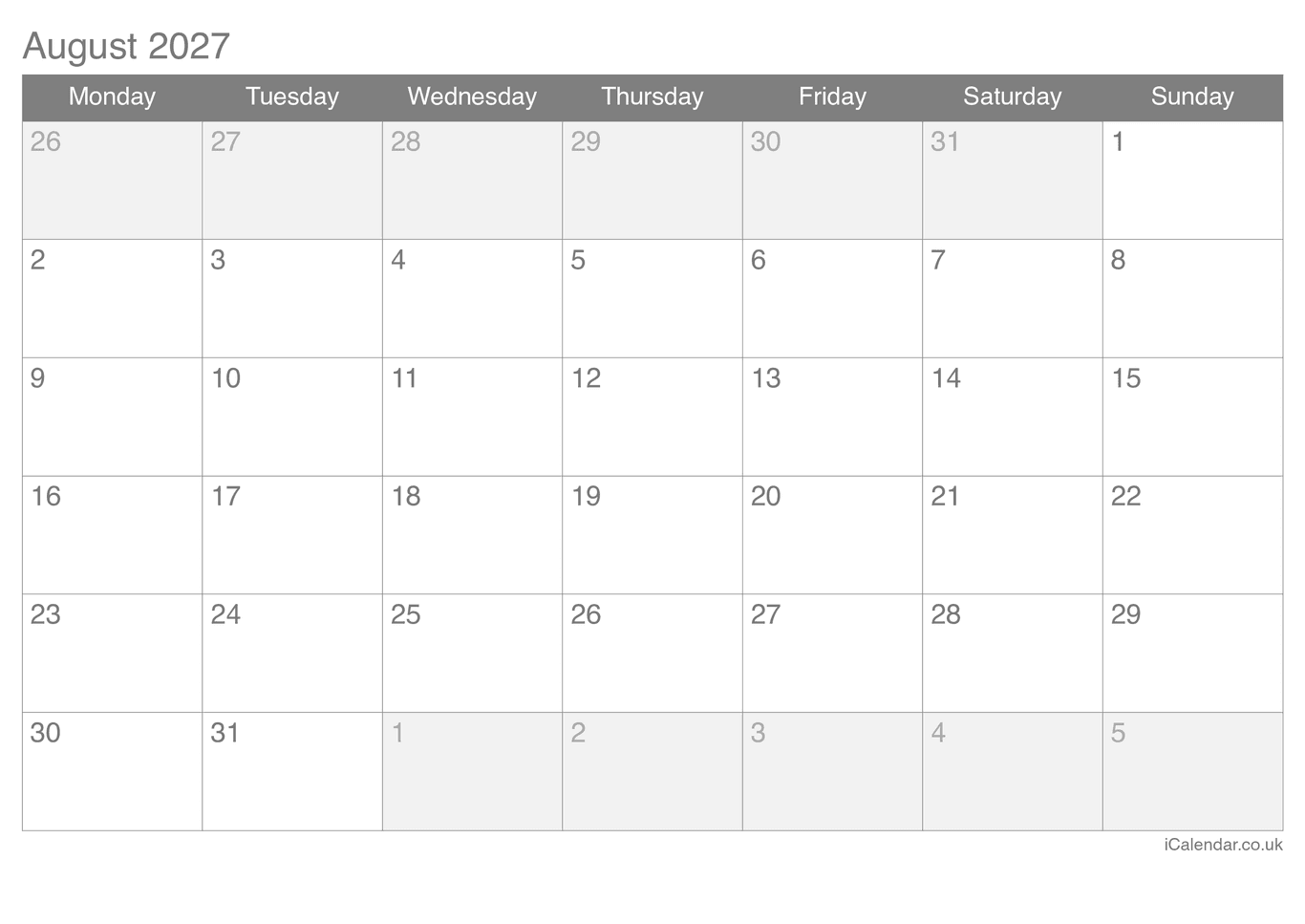 2027 August Calendar