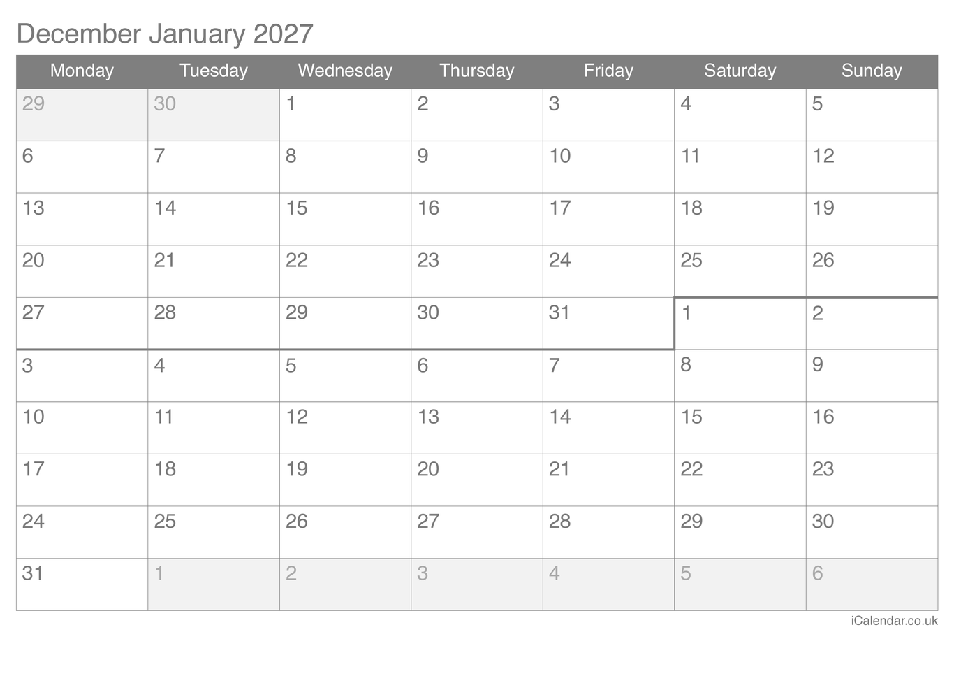 2027 December January Calendar