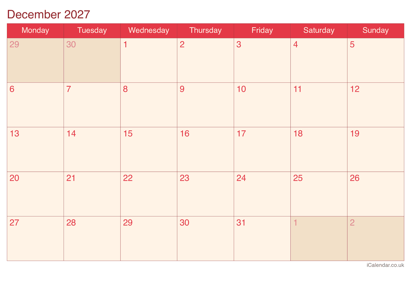 2027 December Calendar - Cherry