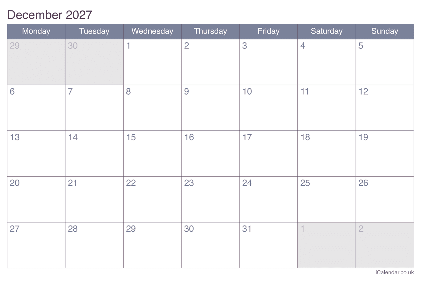 2027 December Calendar - Office