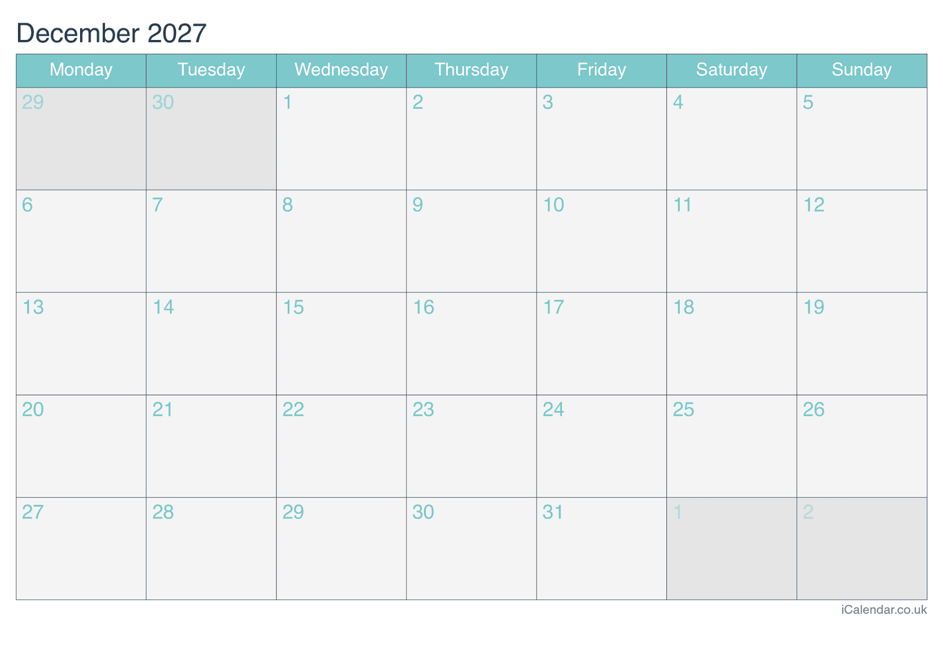 2027 December Calendar - Turquesa