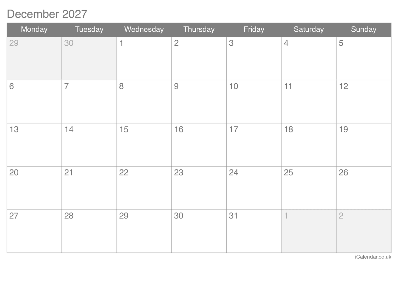 2027 December Calendar