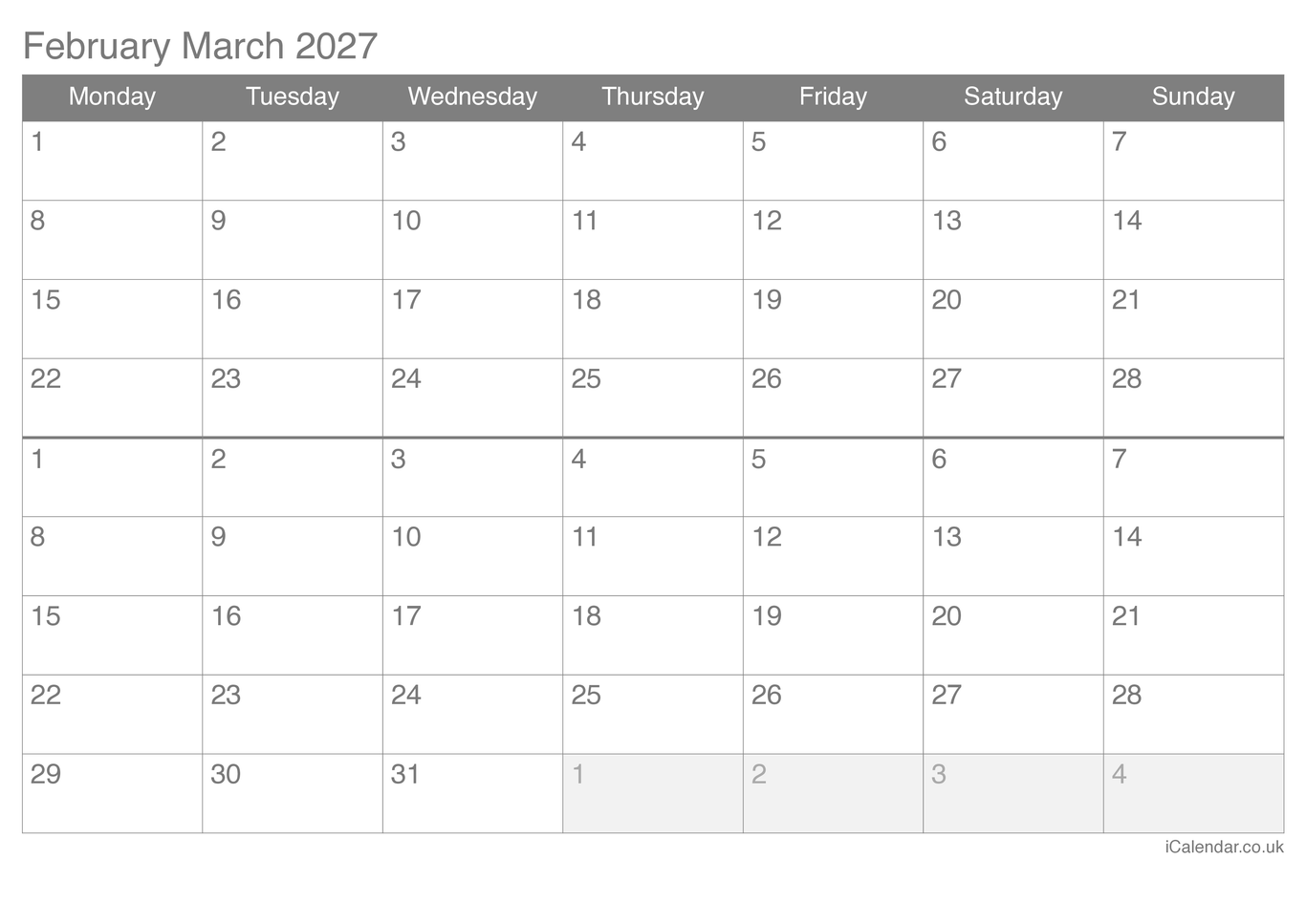2027 February March Calendar