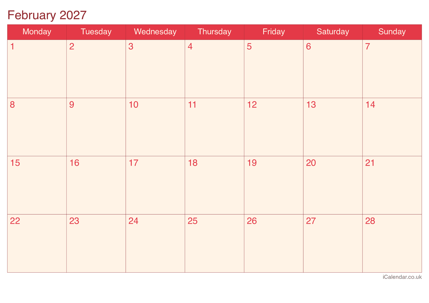 2027 February Calendar - Cherry
