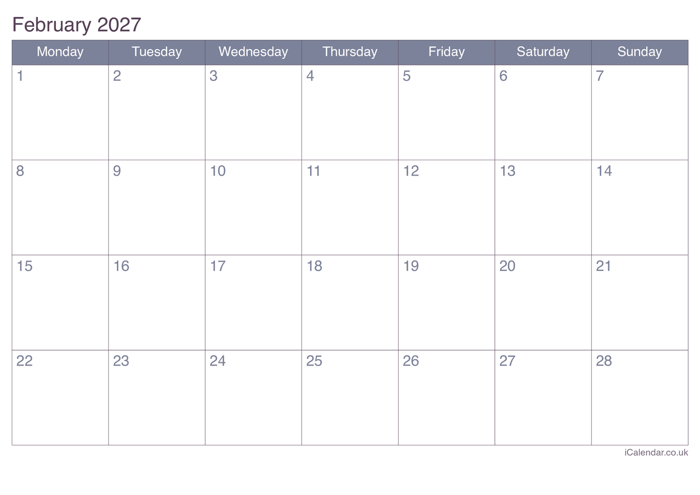 2027 February Calendar - Office