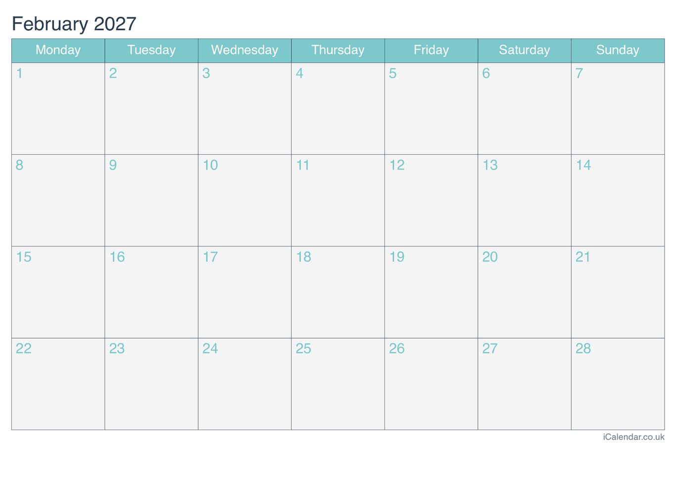 2027 February Calendar - Turquesa