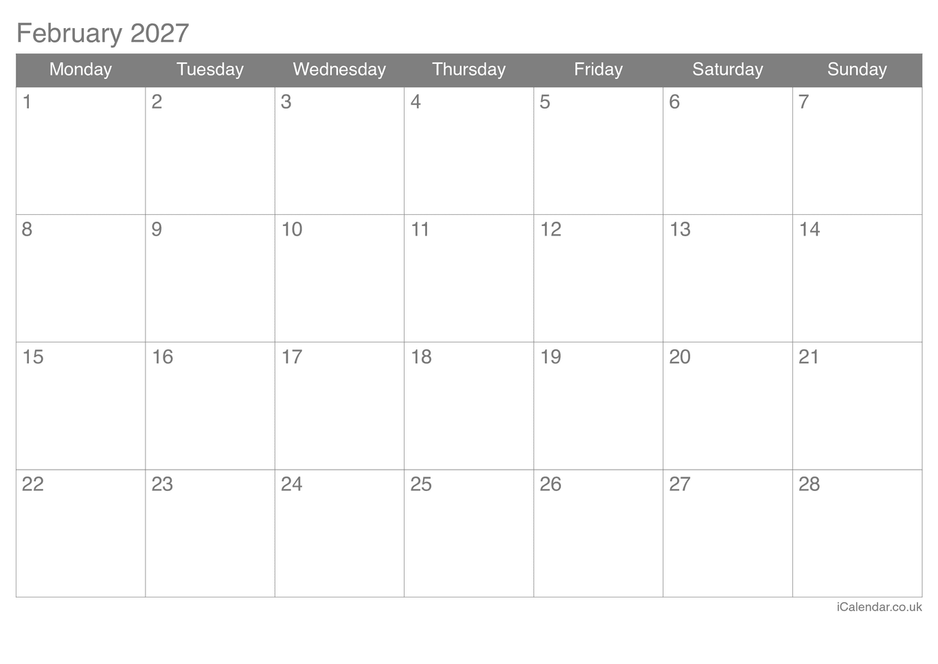 2027 February Calendar