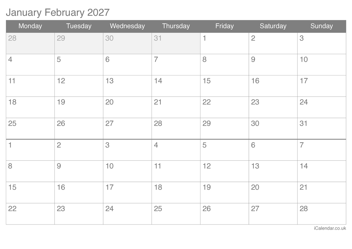 2027 January February Calendar