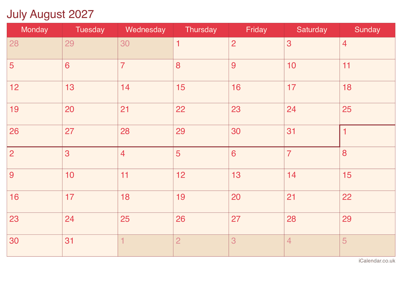 2027 July July Calendar - Cherry
