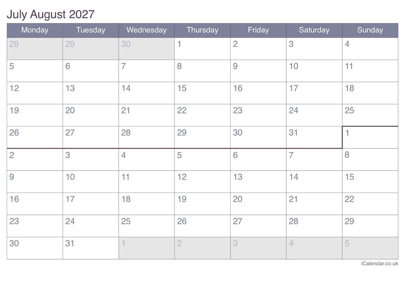 2027 July July Calendar - Office
