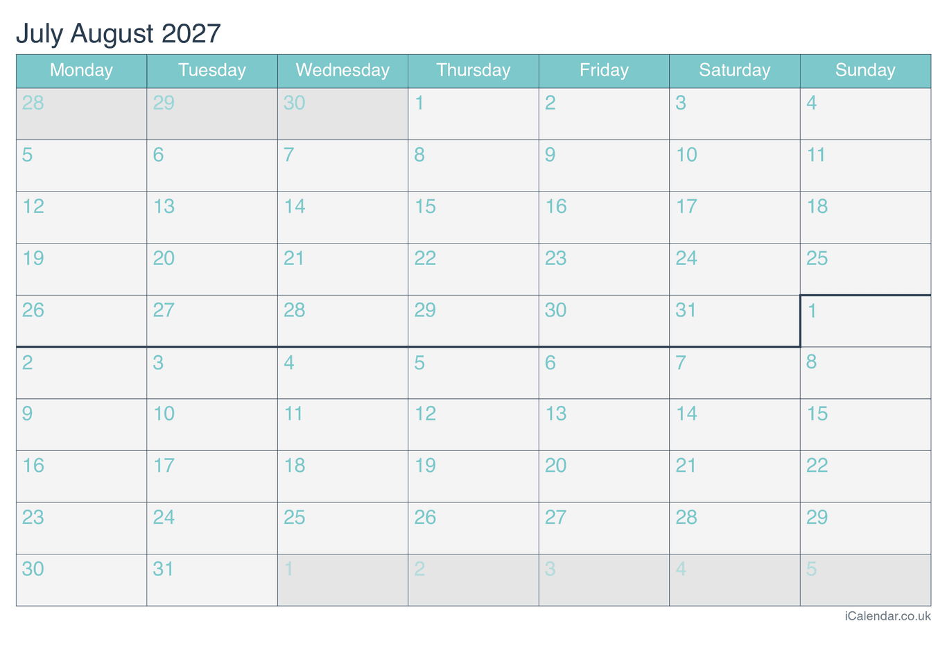2027 July July Calendar - Turquesa
