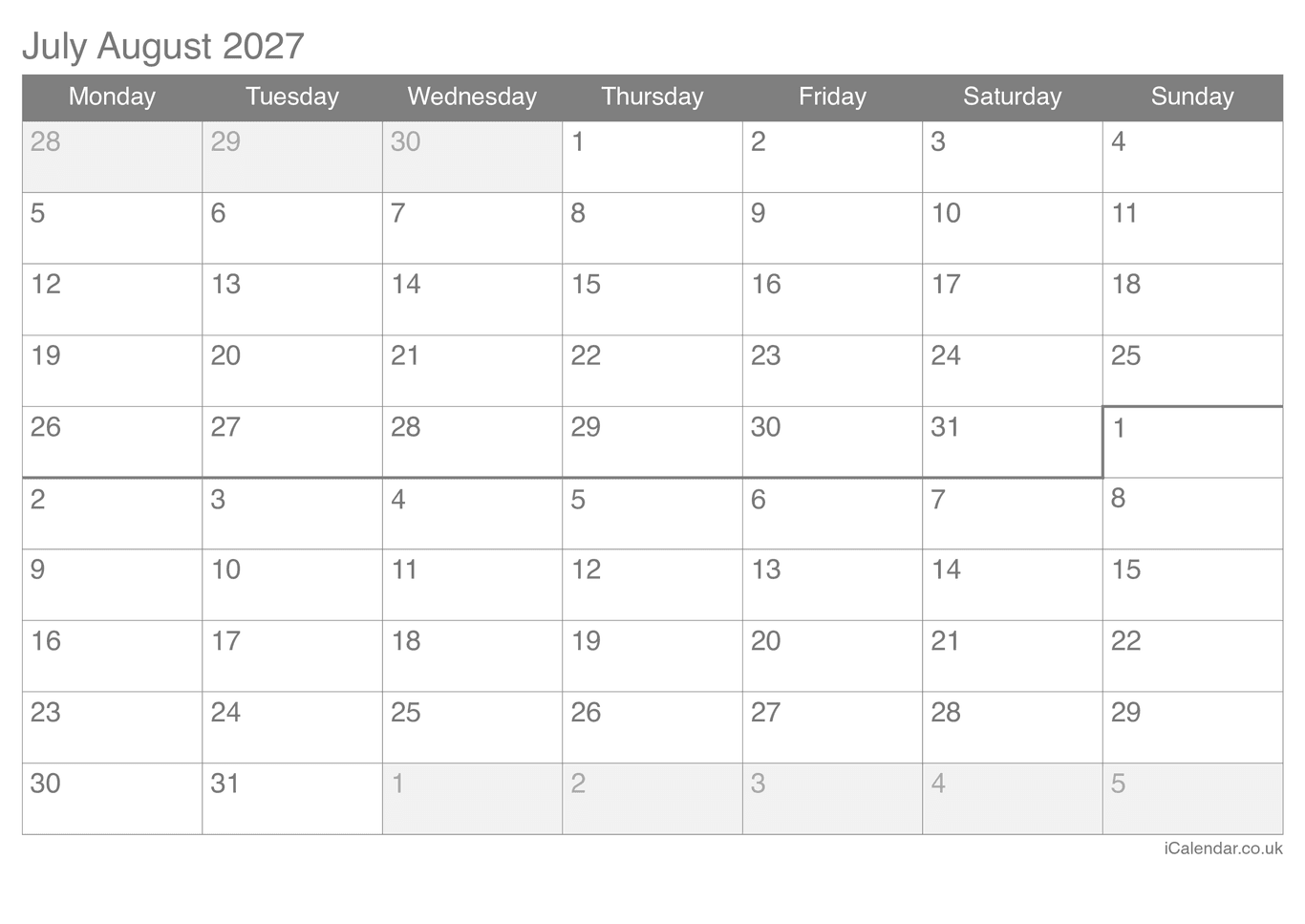 2027 July July Calendar