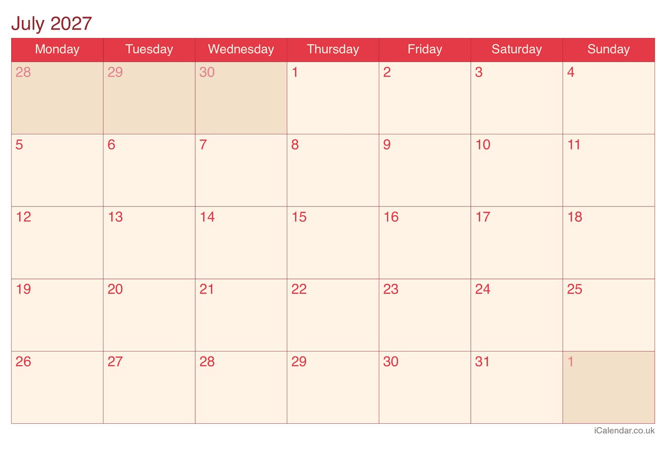 2027 July Calendar - Cherry