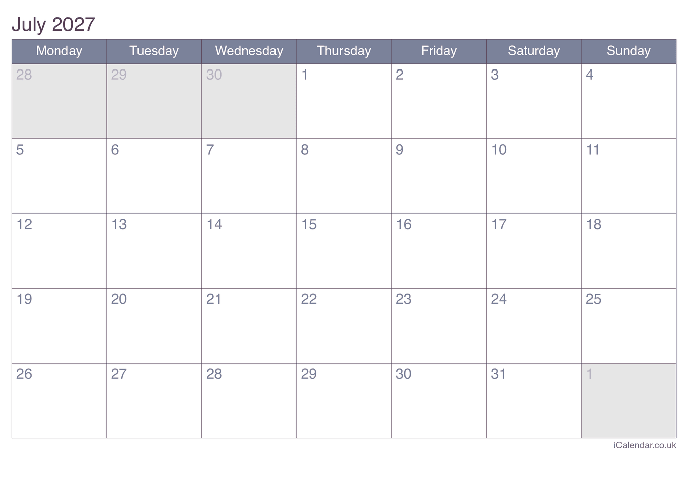 2027 July Calendar - Office