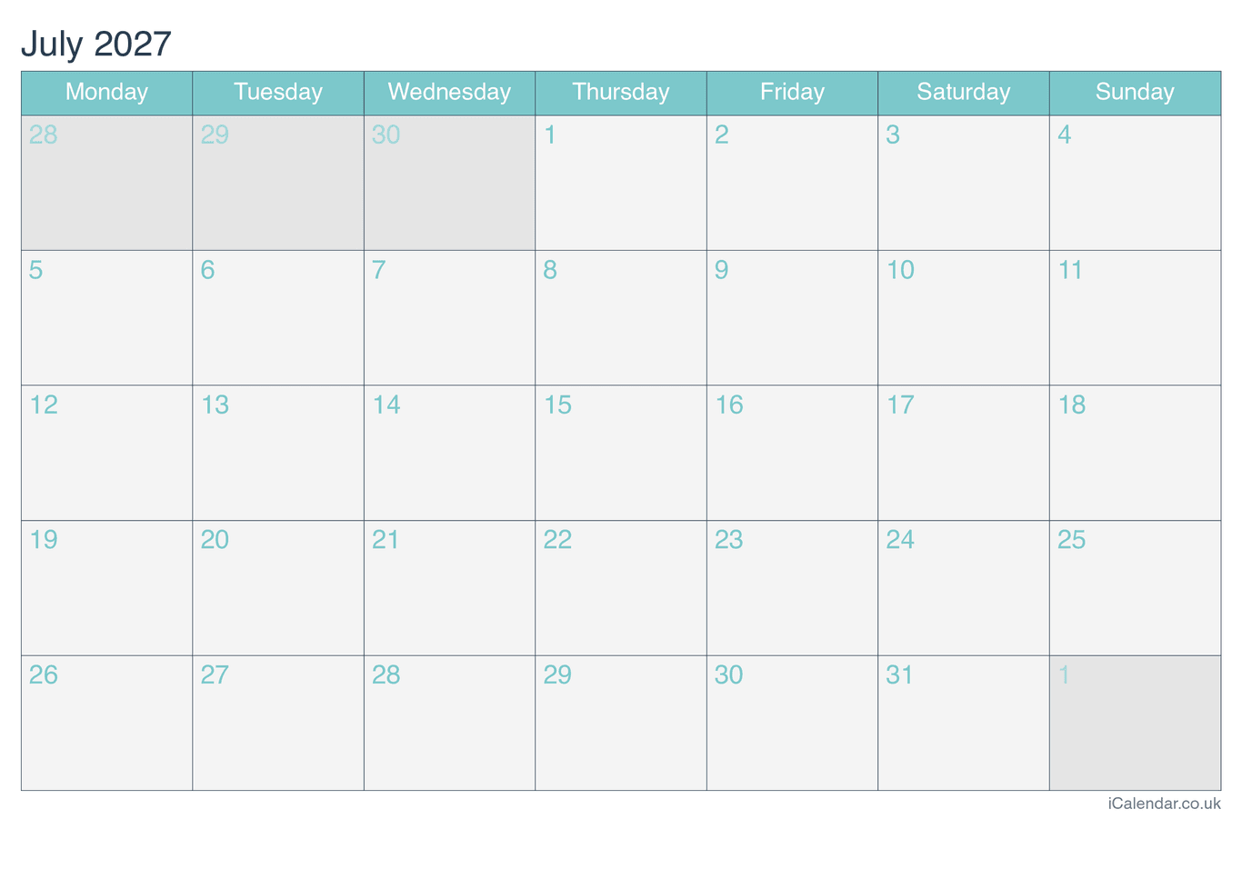2027 July Calendar - Turquesa