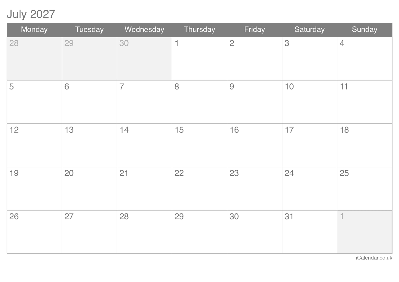 2027 July Calendar