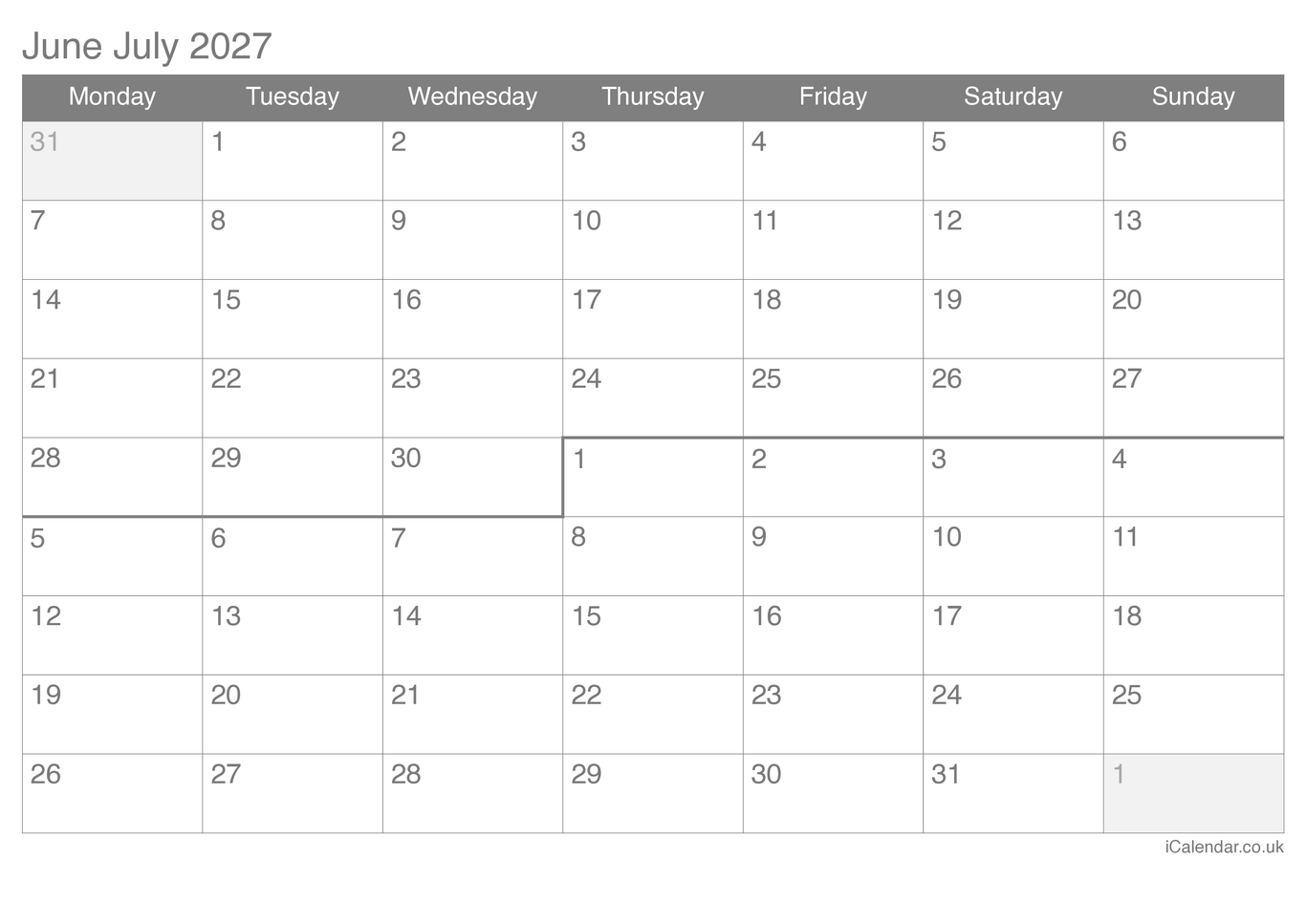 2027 June July Calendar