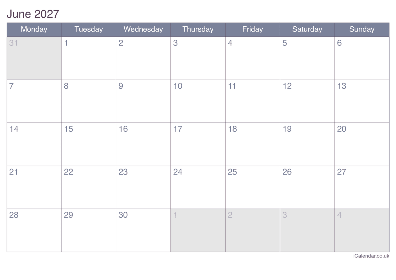 2027 June Calendar - Office