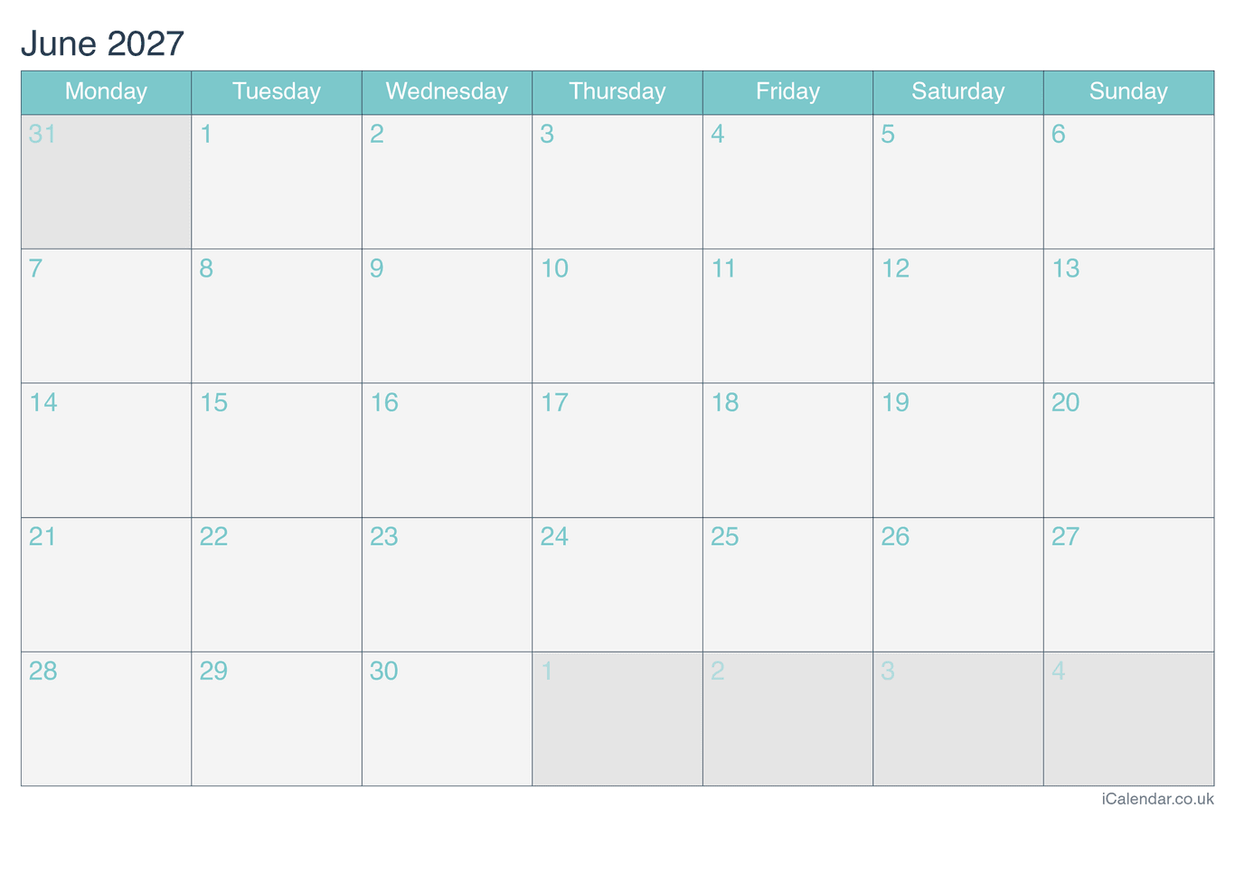 2027 June Calendar - Turquesa