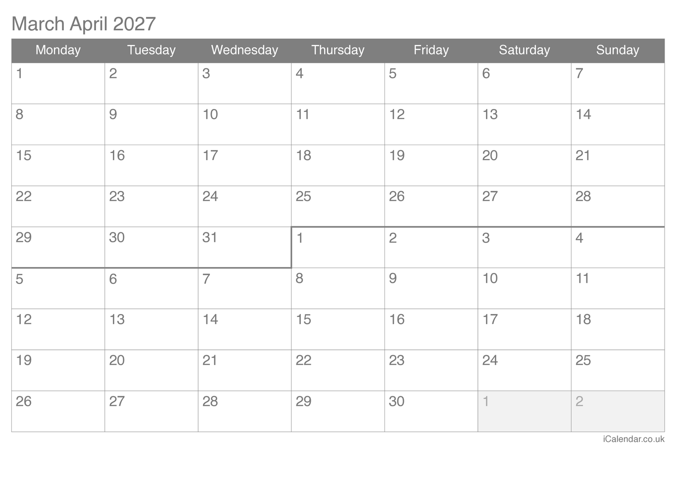 2027 March April Calendar