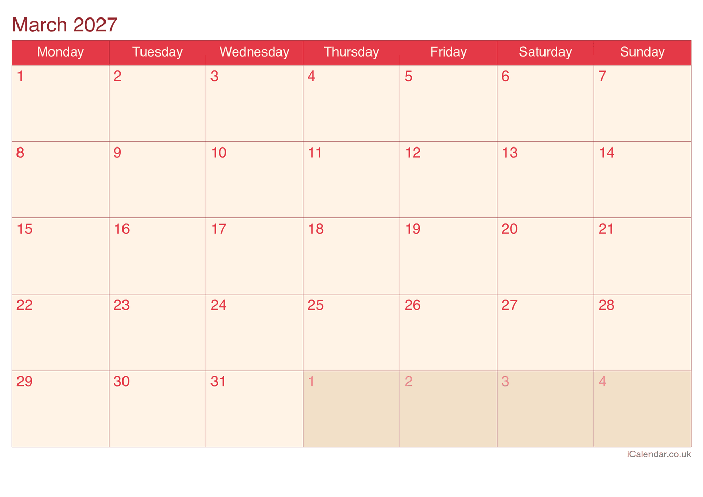 2027 March Calendar - Cherry
