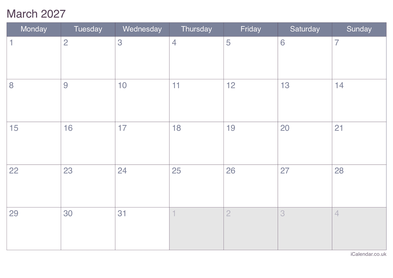 2027 March Calendar - Office