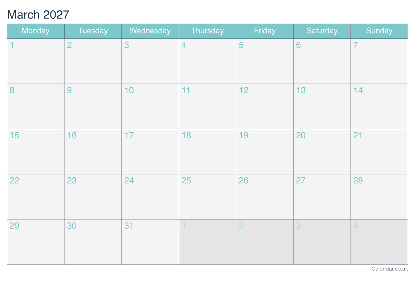 2027 March Calendar - Turquesa
