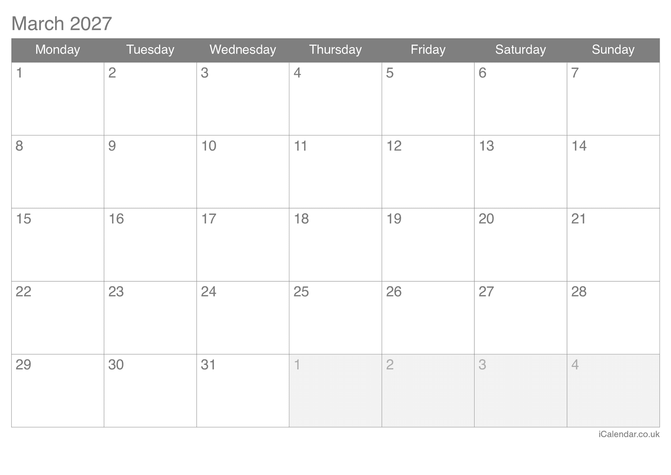2027 March Calendar