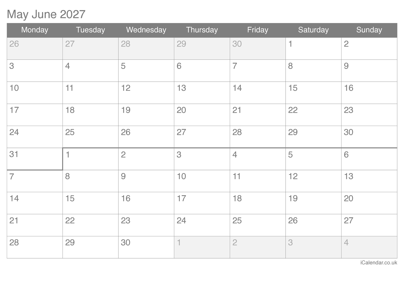 2027 May June Calendar