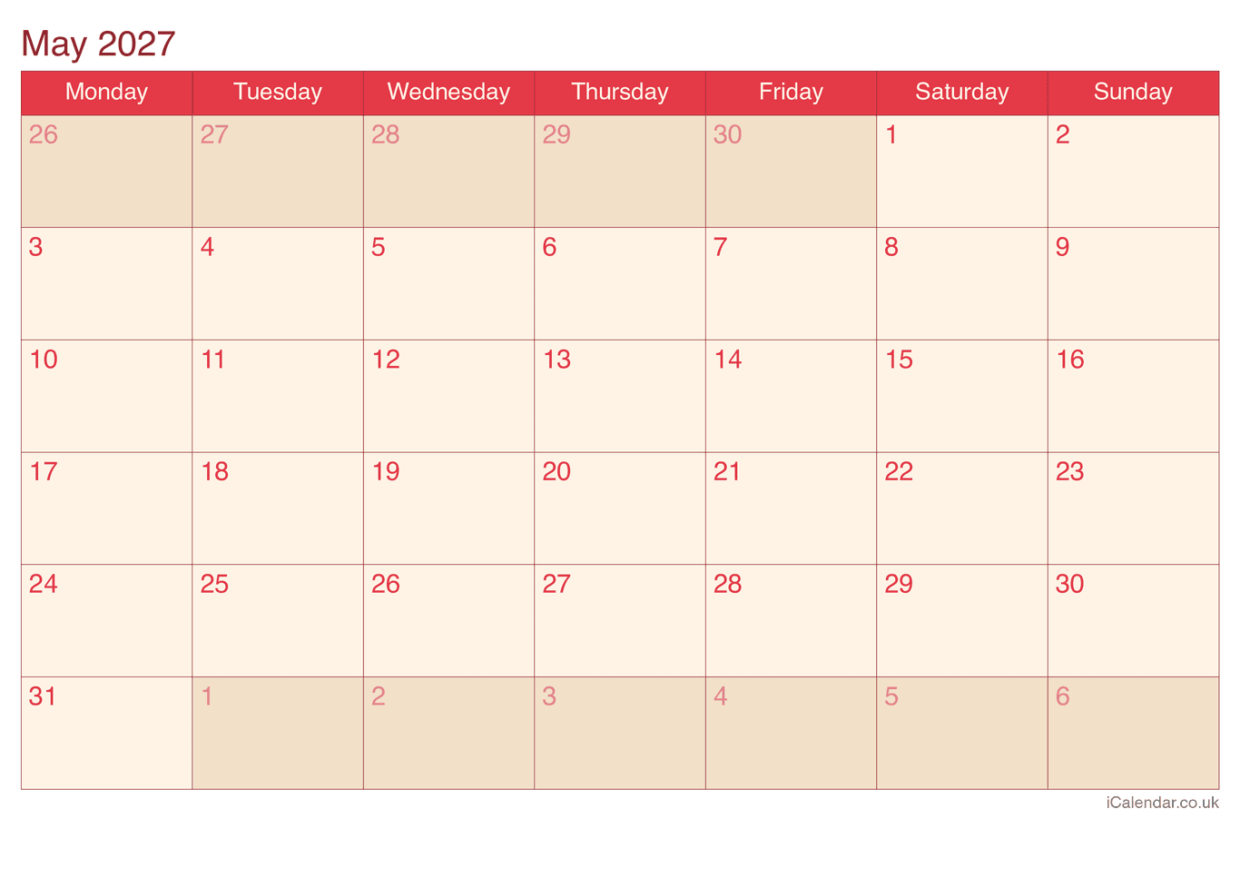 2027 May Calendar - Cherry