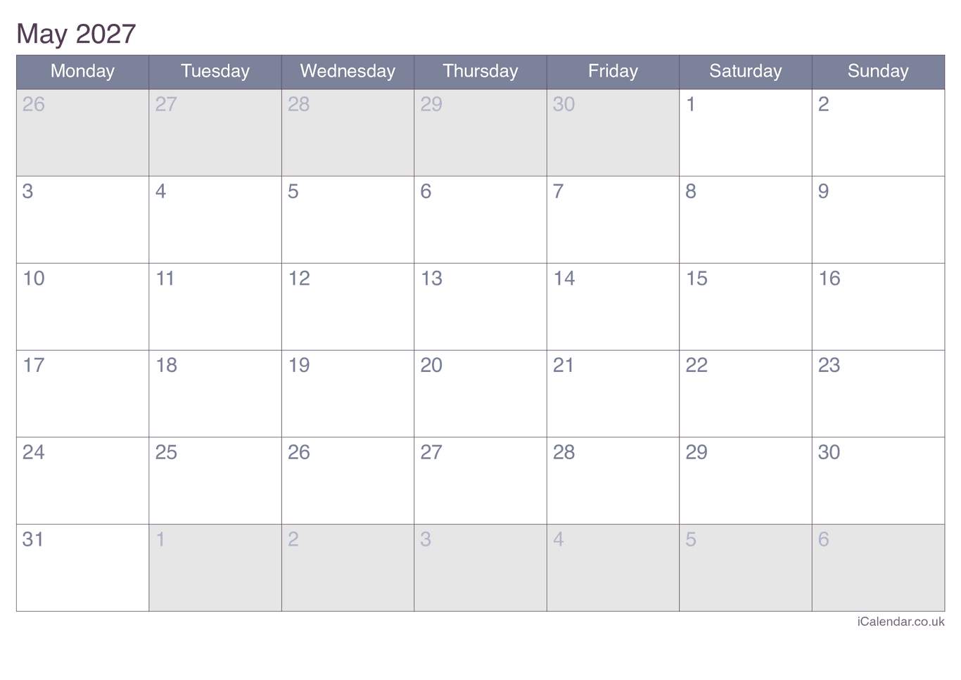 2027 May Calendar - Office