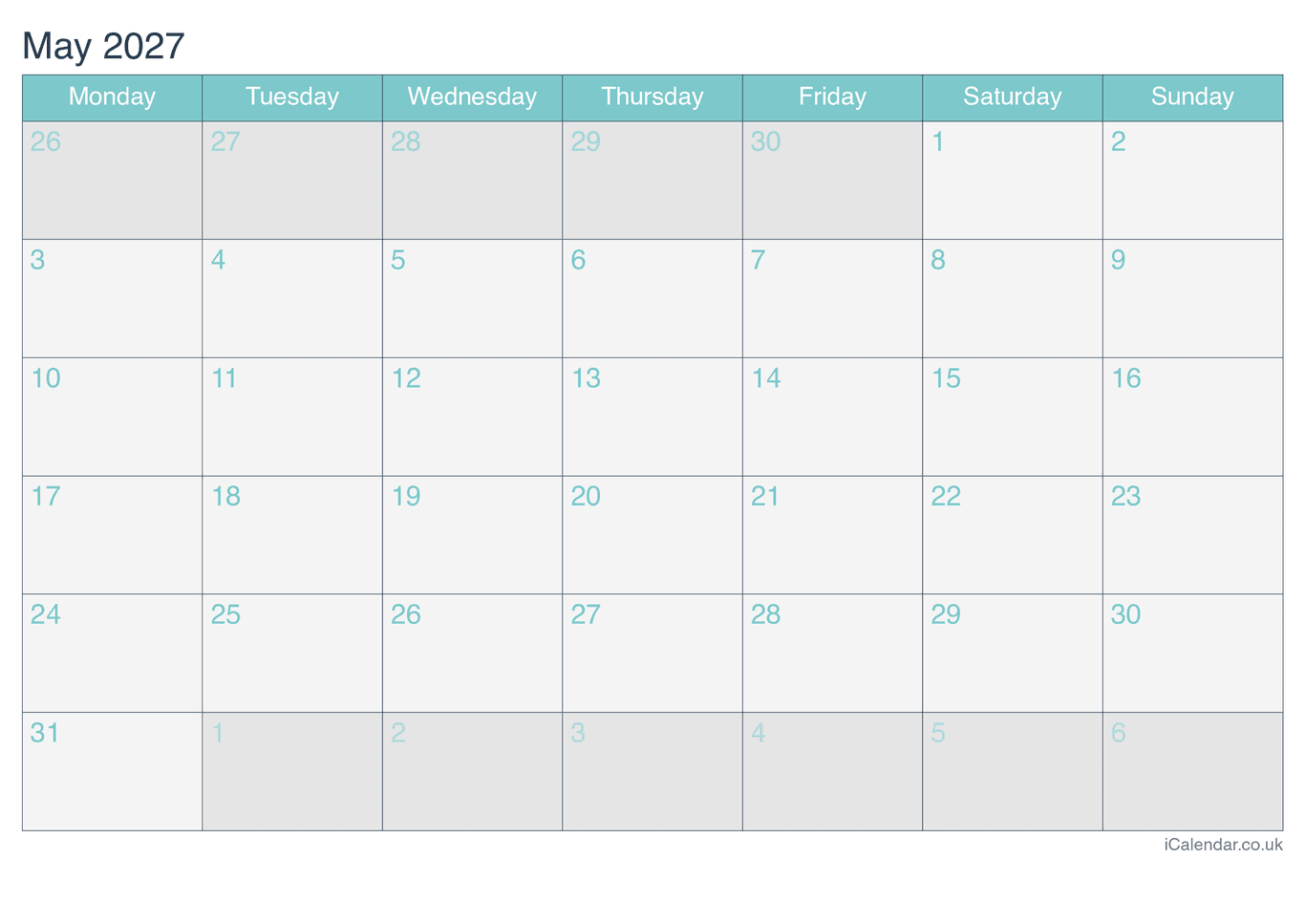 2027 May Calendar - Turquesa