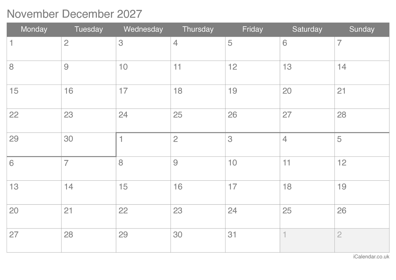 2027 November December Calendar