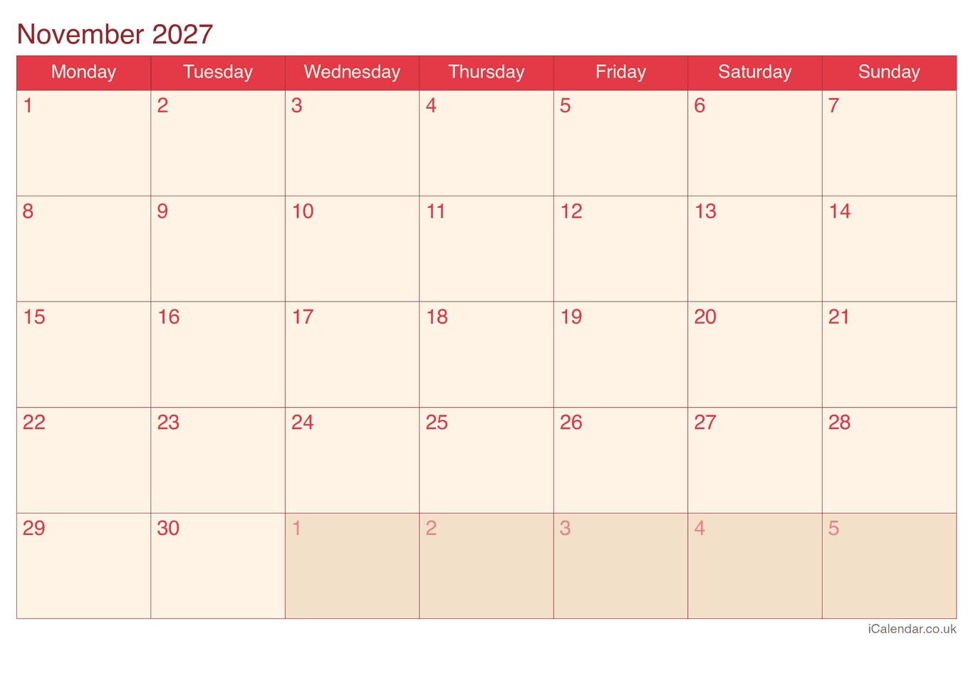 2027 November Calendar - Cherry