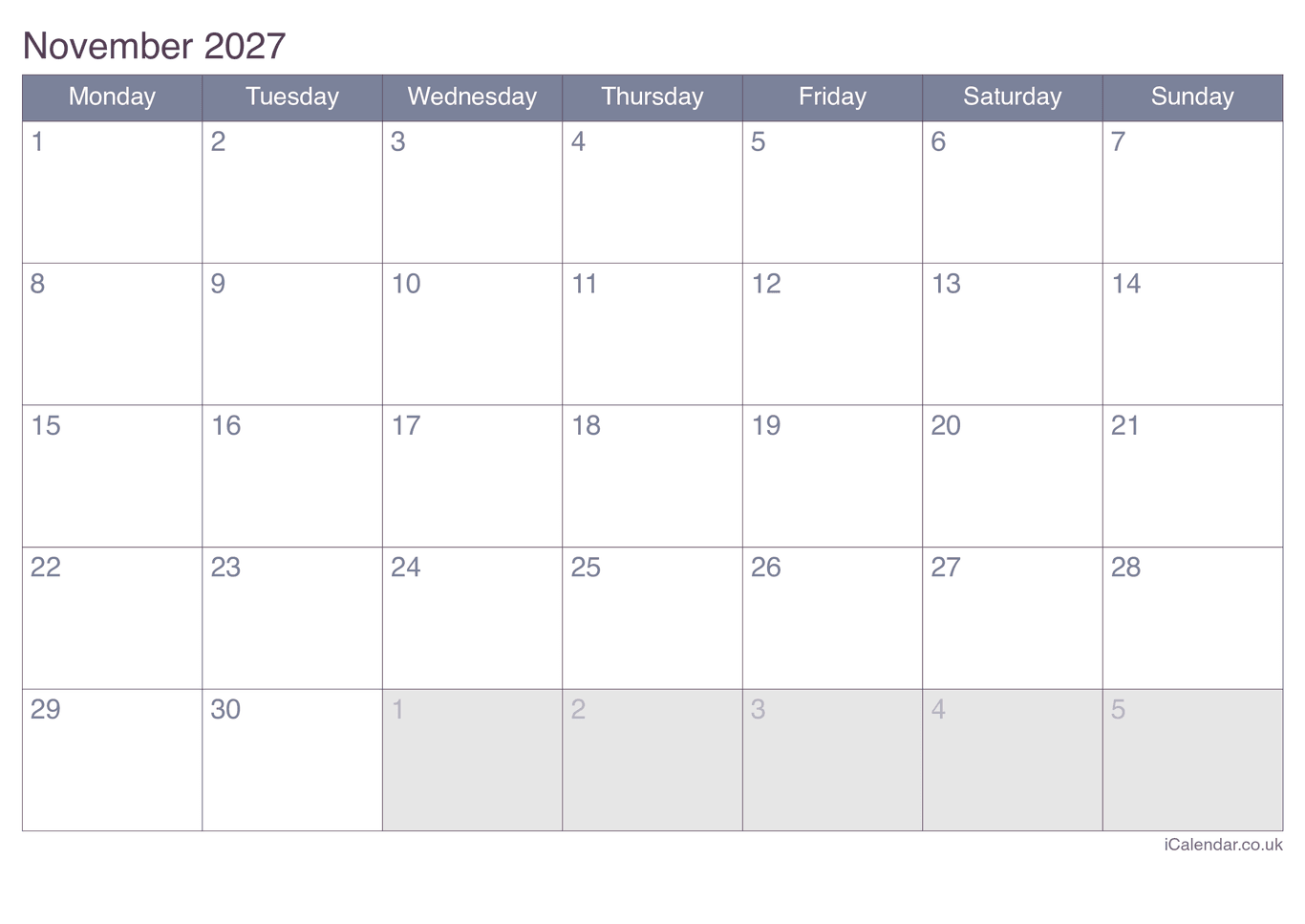 2027 November Calendar - Office
