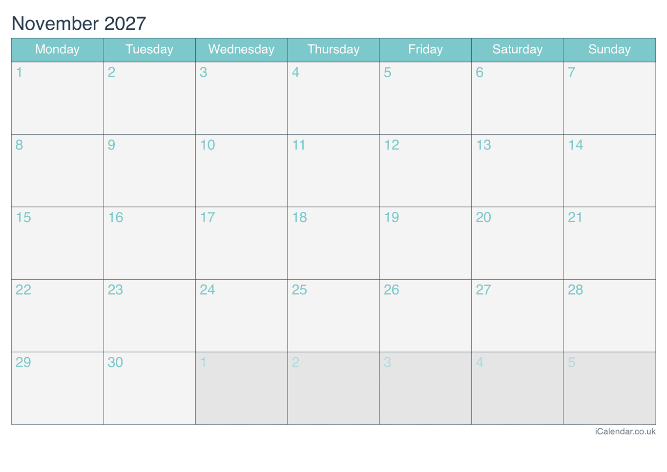 2027 November Calendar - Turquesa