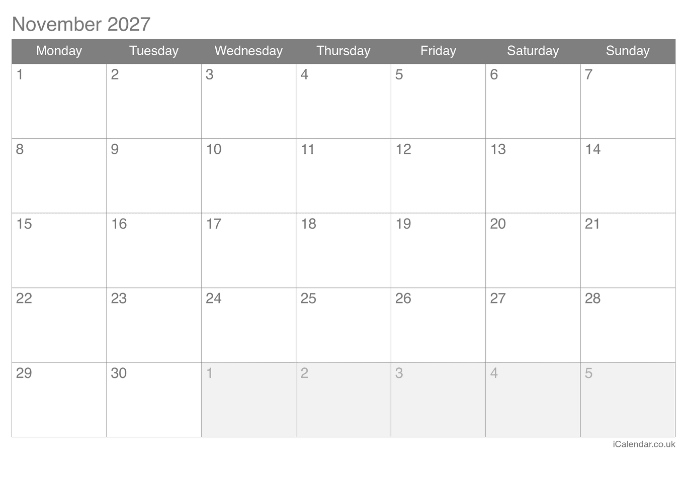 2027 November Calendar