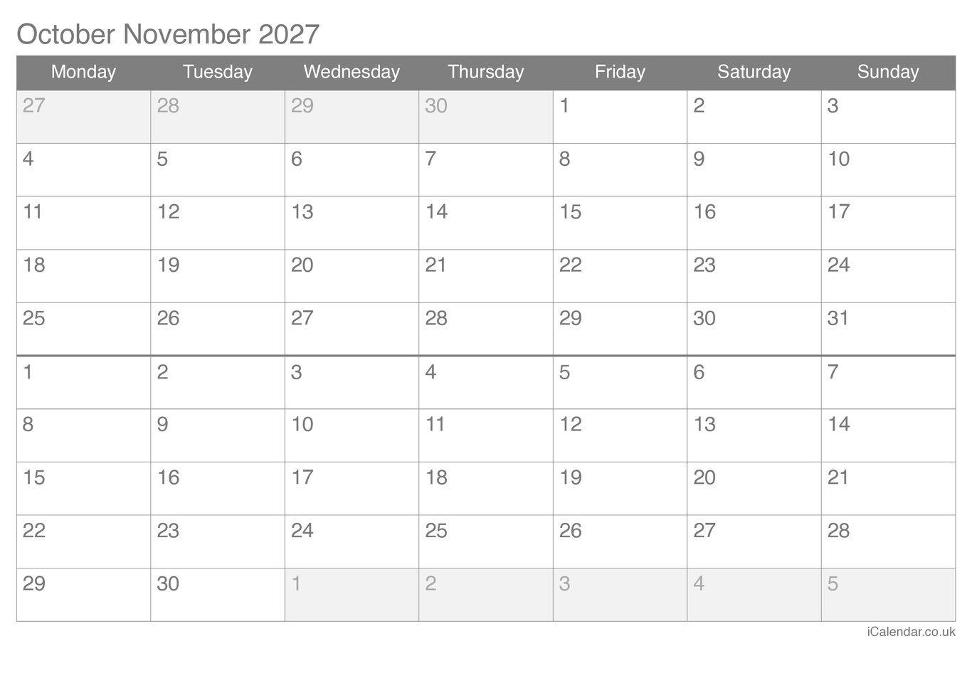 2027 October November Calendar