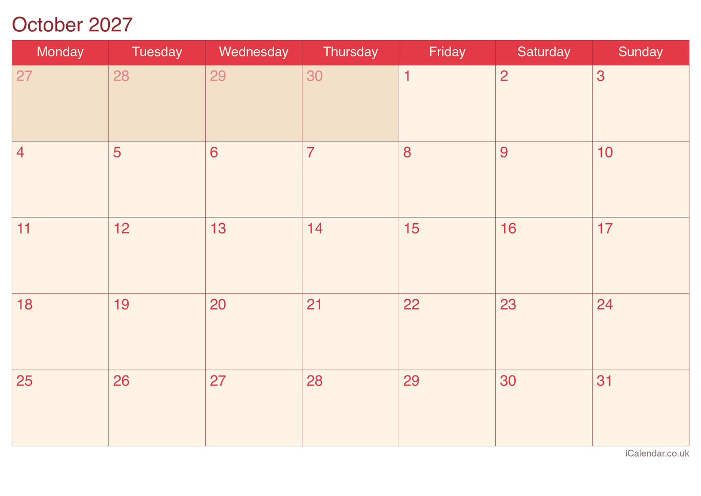 2027 October Calendar - Cherry