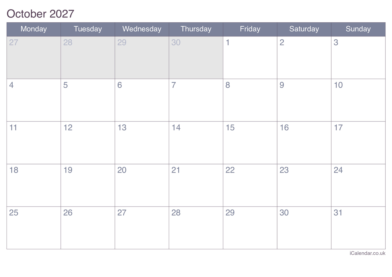 2027 October Calendar - Office