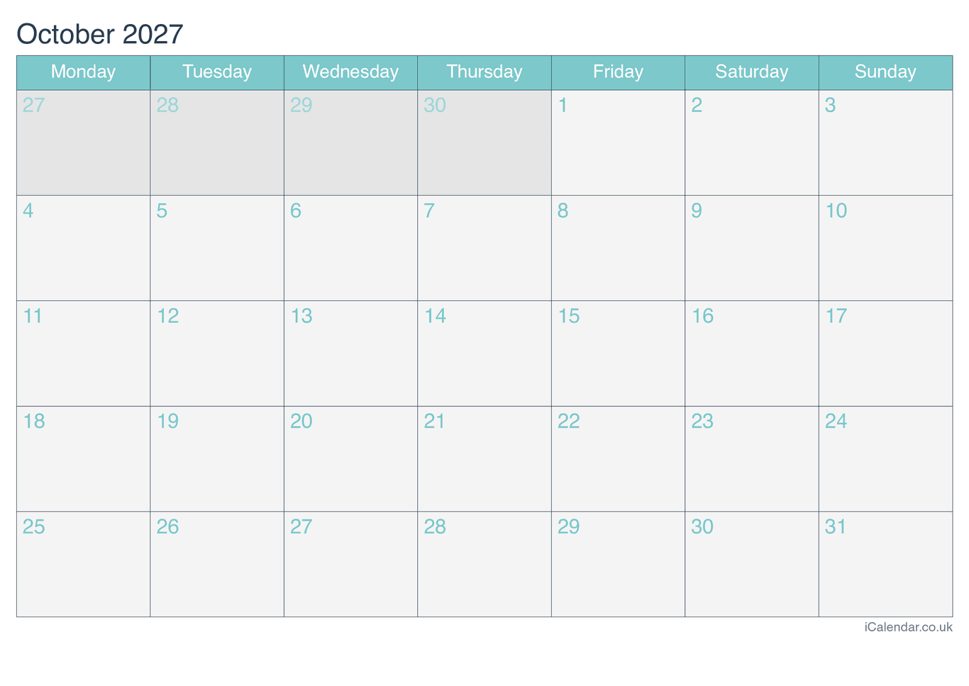 2027 October Calendar - Turquesa