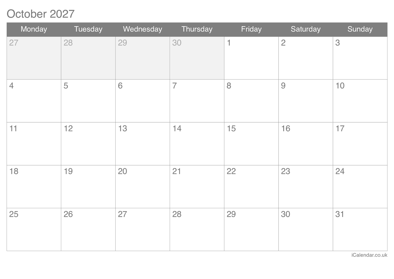 2027 October Calendar