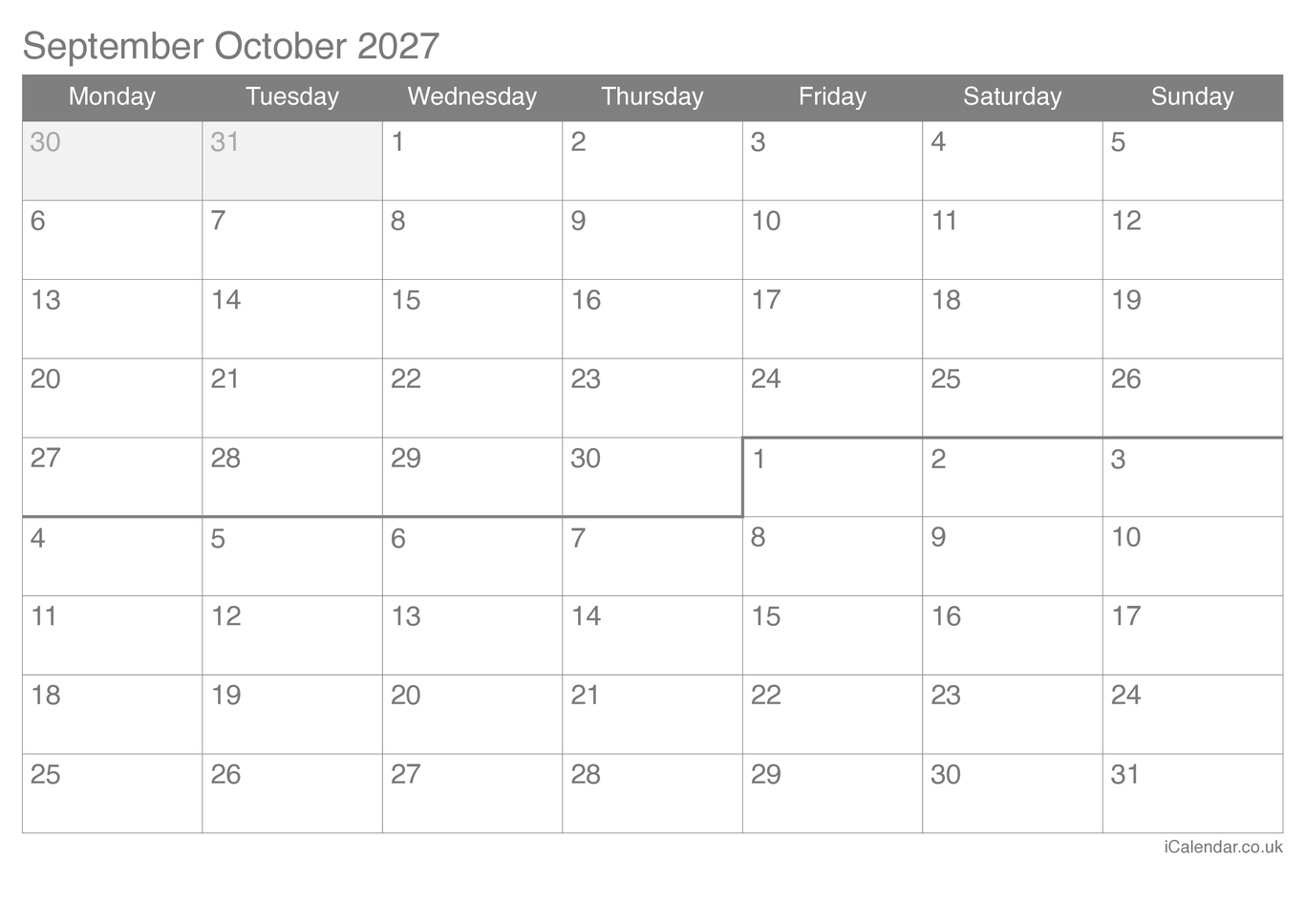 2027 September October Calendar